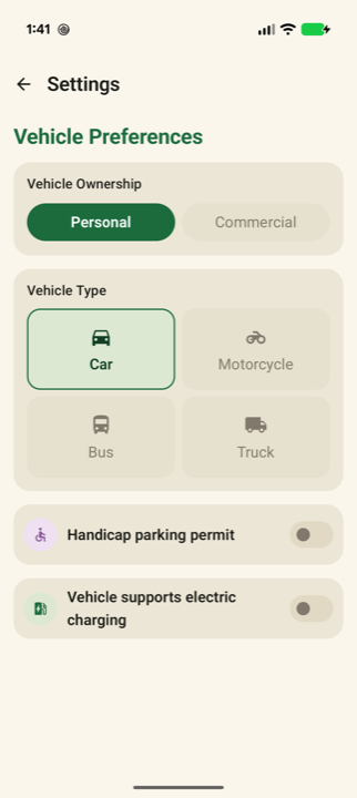 Parkoll vehicle preferences settings.
