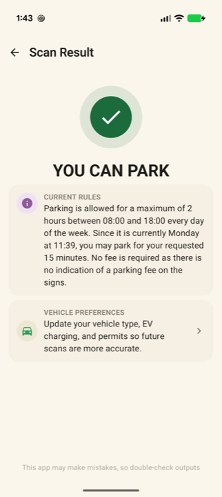 Parkoll result screen showing that parking is allowed.